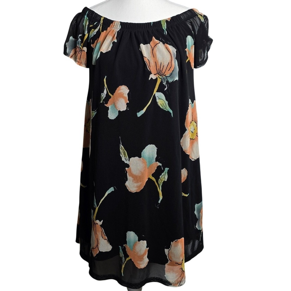 MEGAN USA Black Floral Off The Shoulder Short Sleeve Dress M